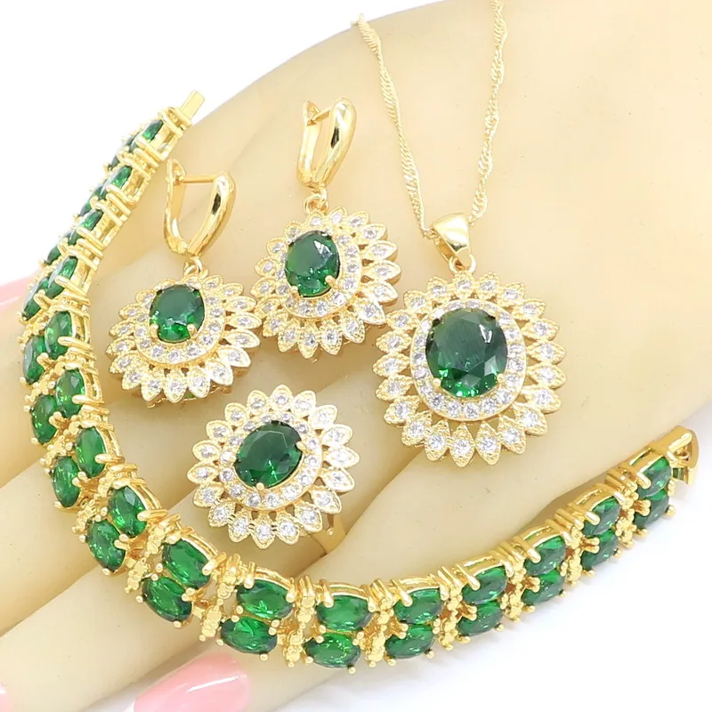Zelená Semi-drahé Zlaté Barvy Šperky Sady Pro Ženy, Náramek, Náhrdelník, Přívěsek, Náušnice, Prsten S Dárkový Box
