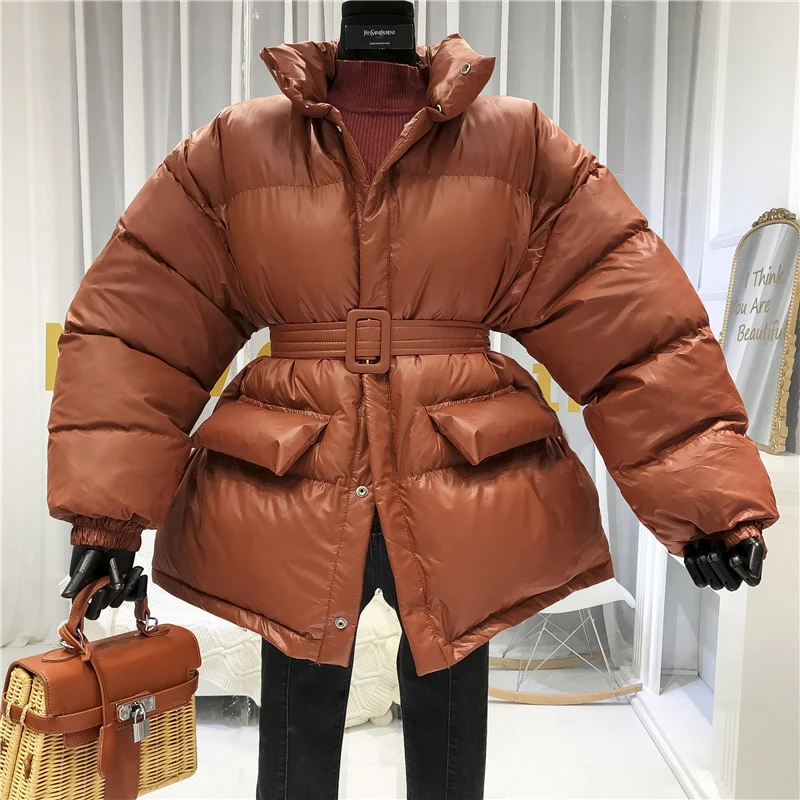 Zimní Kabát Dámy Parker Kabát Lesklý Povrch Teplo Tlusté Bavlny Casual Loose Women ' s Jacket Ladies Opásaný Sako 2022 Nové