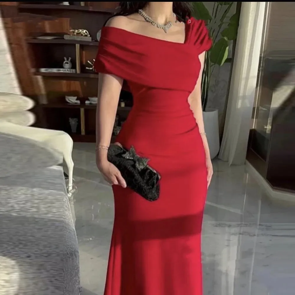 Červená Mořská Panna Jedno Rameno Večerní Šaty Pro Ženy Off Rameno Slim Svatební Host Party Šaty Dlouhé Jednoduché Prom Formální Šaty